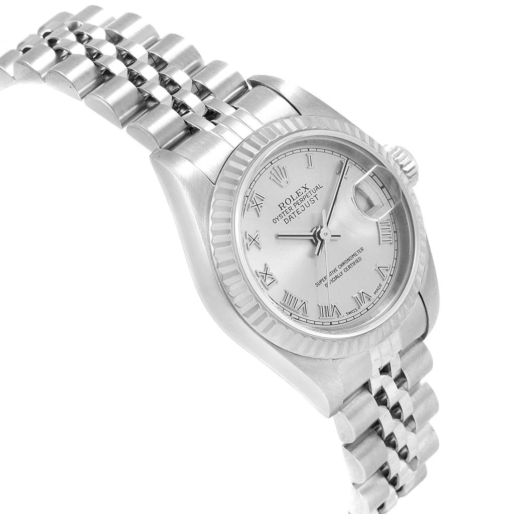 The image shows a Rolex Datejust 69174 Women's Stainless Steel Grey Dial 69174 Women's Stainless Steel Grey Dial watch from a slight angle, highlighting the dial, bezel, and Jubilee bracelet.