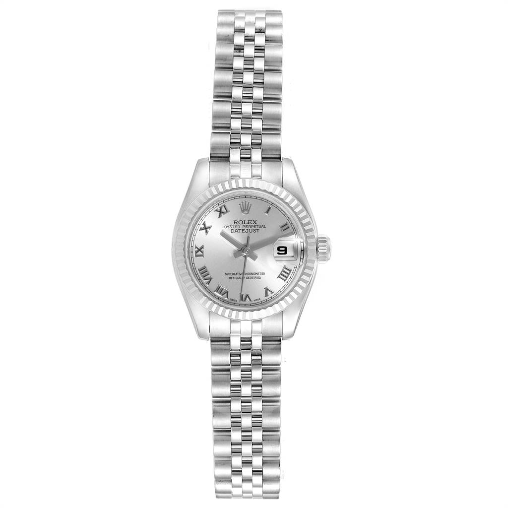 This image shows a frontal view of a Rolex Datejust 179174 Women
s Stainless Steel Grey Dial 179174 Women
s Stainless Steel Grey Dial watch displaying the dial, fluted bezel, and stainless steel bracelet.