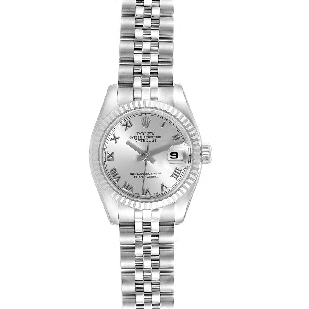 The image shows a front view of a Rolex Datejust 179174 Women
s Stainless Steel Grey Dial 179174 Women
s Stainless Steel Grey Dial watch, highlighting the dial, bezel, crown, and bracelet.