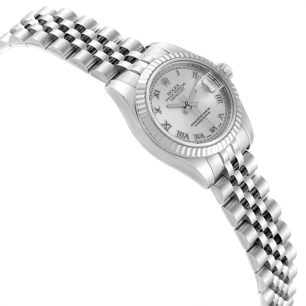 The image shows a Rolex Datejust 179174 Women
s Stainless Steel Grey Dial 179174 Women
s Stainless Steel Grey Dial watch from an angled view highlighting the face, bezel, and part of the bracelet.