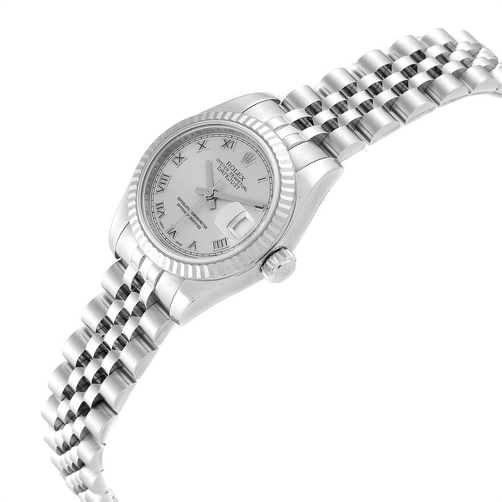 The image shows a Rolex Datejust 179174 Women
s Stainless Steel Grey Dial 179174 Women
s Stainless Steel Grey Dial watch from a front-angle, highlighting the dial, bezel, crown, and bracelet.