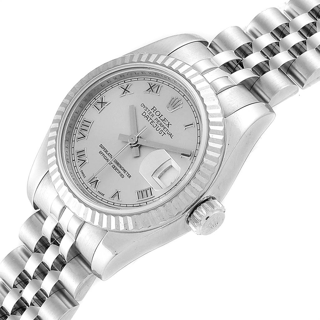 The image shows a close-up view of a Rolex Datejust 179174 Women
s Stainless Steel Grey Dial 179174 Women
s Stainless Steel Grey Dial watch, highlighting the dial, bezel, and part of the bracelet.