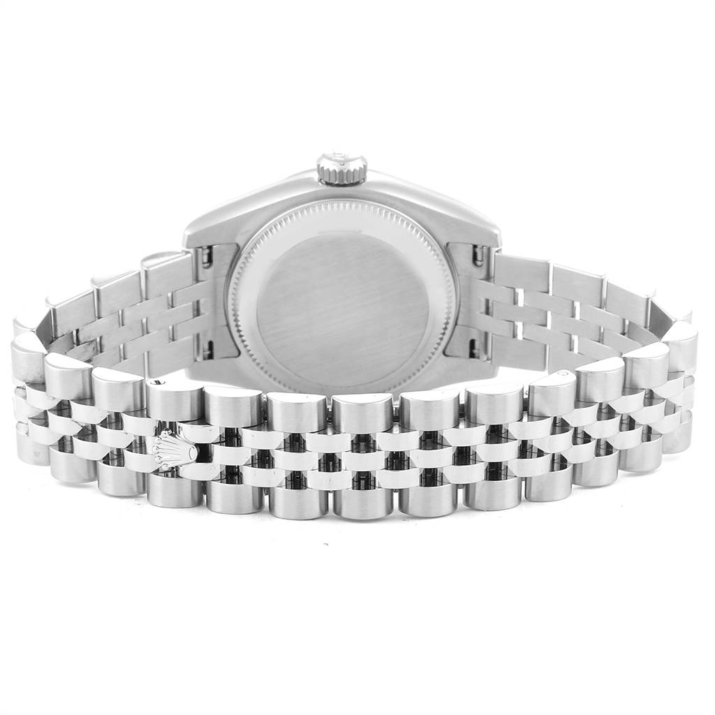 This image shows the back view of a Rolex Datejust 179174 Women
s Stainless Steel Grey Dial 179174 Women
s Stainless Steel Grey Dial watch, highlighting the case back and Jubilee bracelet.