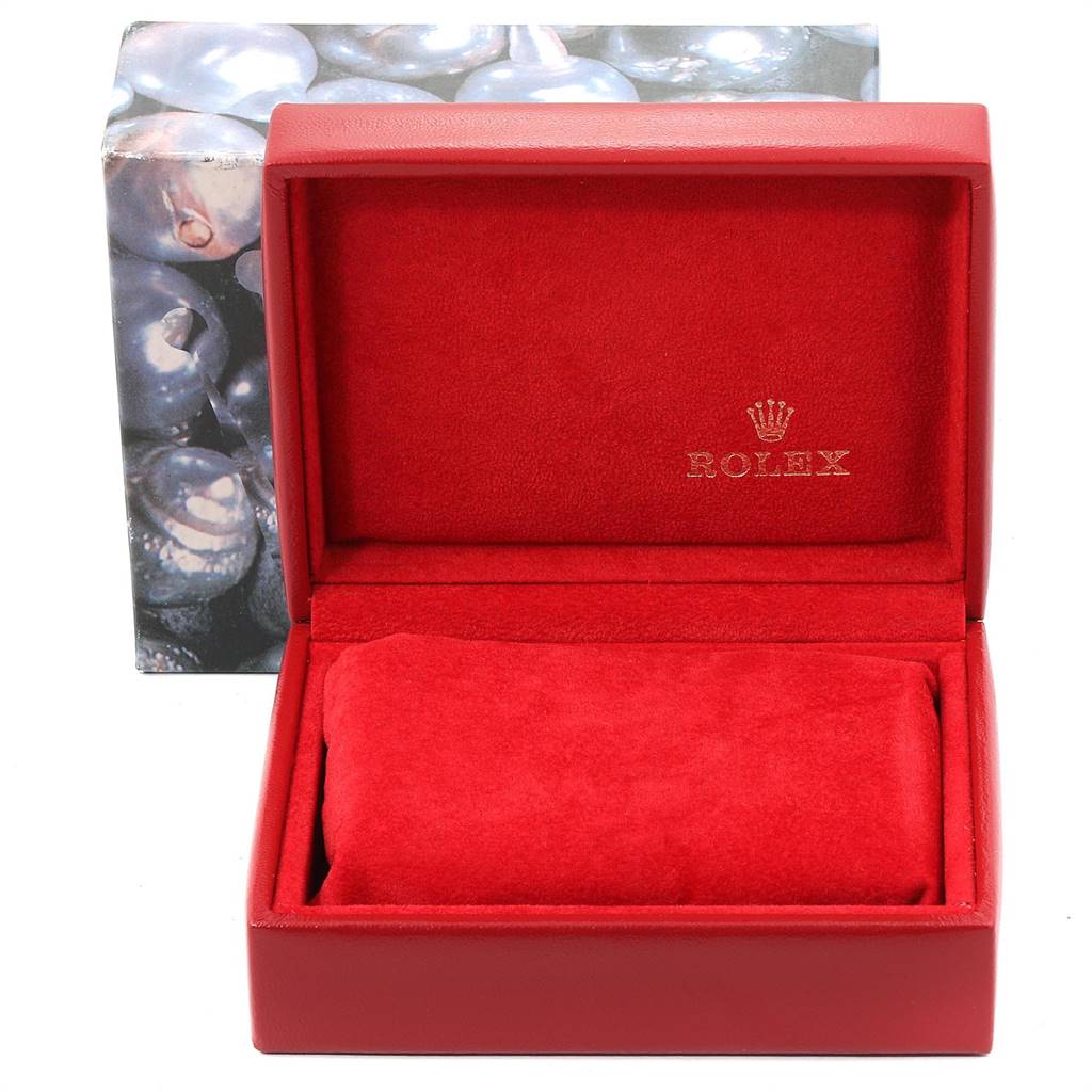 This is a red Rolex Datejust 79173 Women's Steel and Gold (two tone) White Dial 79173 Women's Steel and Gold (two tone) White Dial watch box viewed from the front, showing the interior with the Rolex logo.
