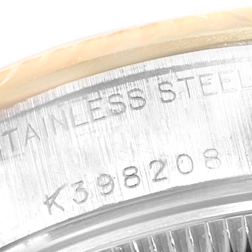 Close-up of the serial number and "STAINLESS STEEL" engraving on the outer rim of a Rolex Datejust 79173 Women's Steel and Gold (two tone) White Dial 79173 Women's Steel and Gold (two tone) White Dial watch.