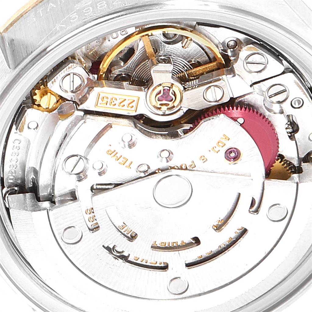 Close-up view of the movement and internal mechanics of a Rolex Datejust 79173 Women's Steel and Gold (two tone) White Dial 79173 Women's Steel and Gold (two tone) White Dial watch.