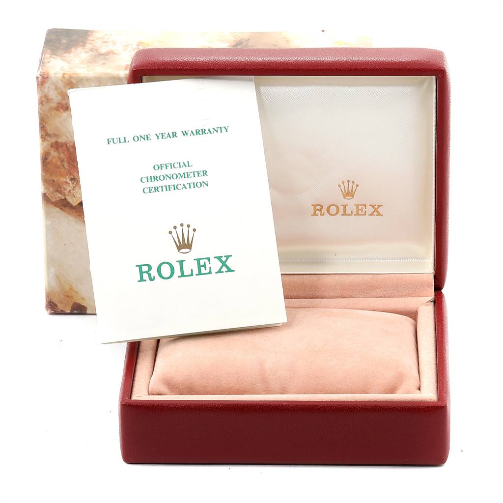 The image shows a Rolex Datejust 69173 Women's Stainless Steel Champagne Dial 69173 Women's Stainless Steel Champagne Dial watch box and warranty card, viewed from the front.