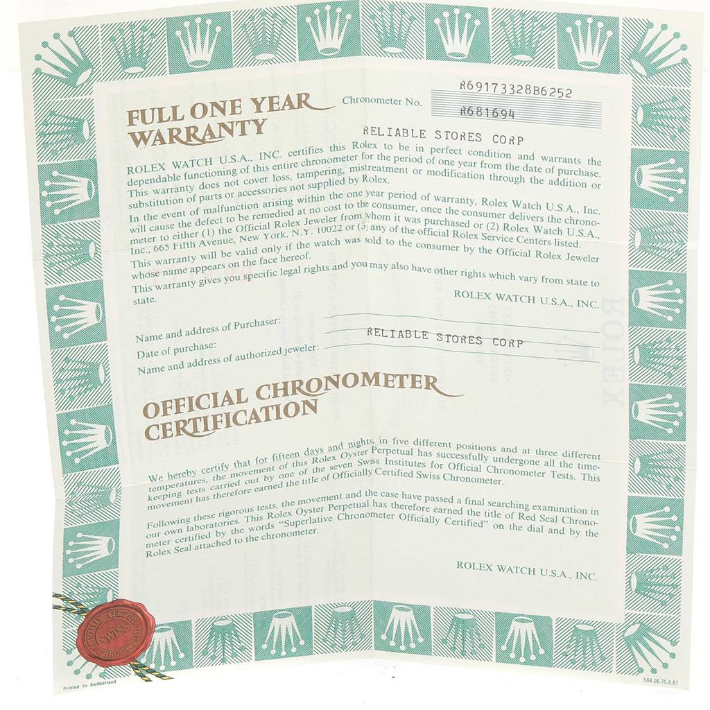 The image shows the warranty and official chronometer certification papers for a Rolex Datejust 69173 Women's Stainless Steel Champagne Dial 69173 Women's Stainless Steel Champagne Dial watch.