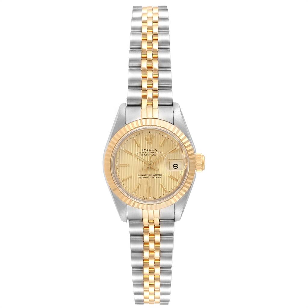 This image shows a Rolex Datejust 69173 Women's Stainless Steel Champagne Dial 69173 Women's Stainless Steel Champagne Dial watch from a top-down angle, showcasing its gold and steel bracelet, bezel, dial, and date window.