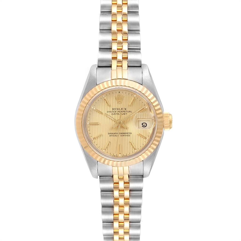 This image shows a front view of the Rolex Datejust 69173 Women's Stainless Steel Champagne Dial 69173 Women's Stainless Steel Champagne Dial watch, highlighting its two-tone bracelet and fluted bezel.