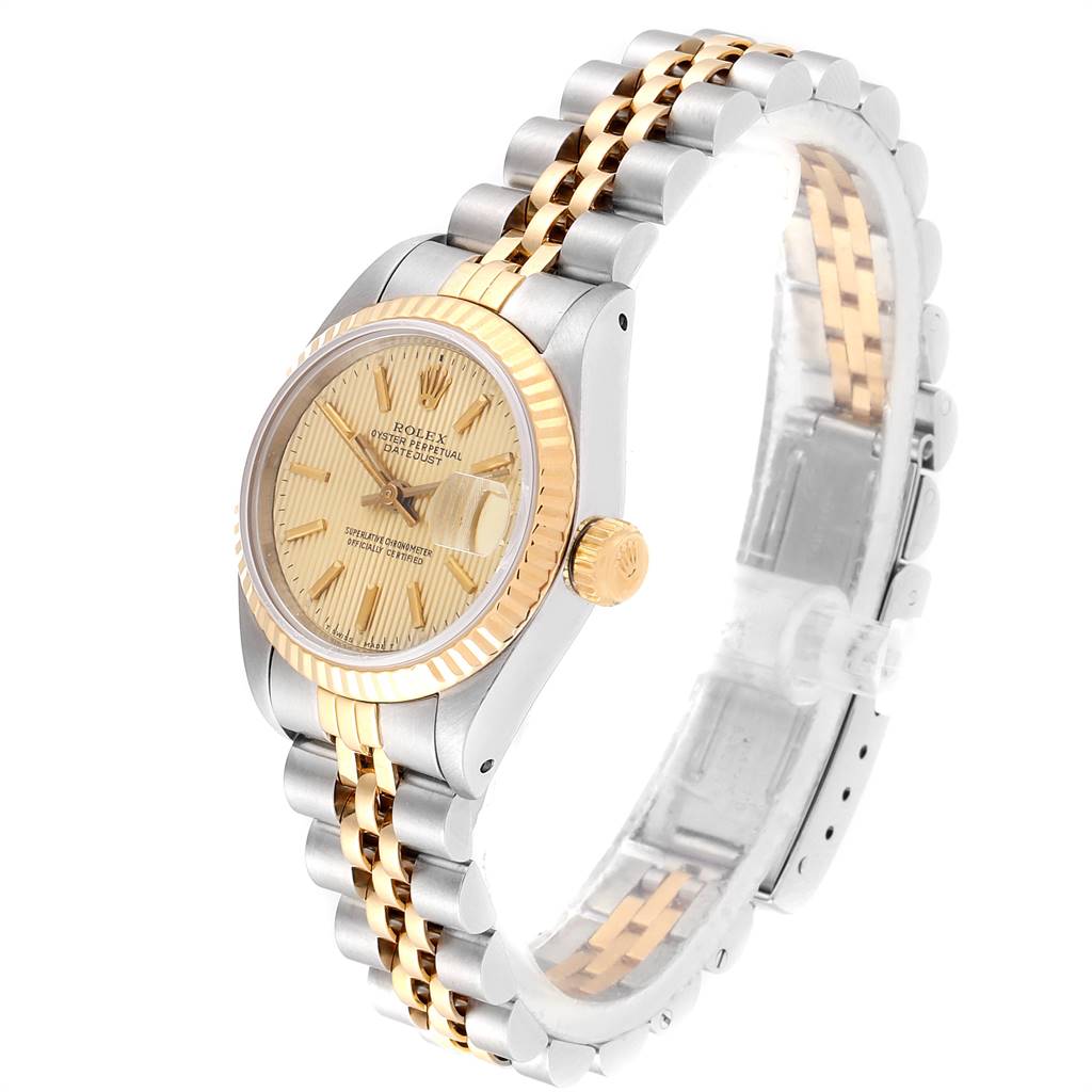 This image shows a Rolex Datejust 69173 Women's Stainless Steel Champagne Dial 69173 Women's Stainless Steel Champagne Dial watch at a three-quarter angle, highlighting the face, bezel, bracelet, and crown.
