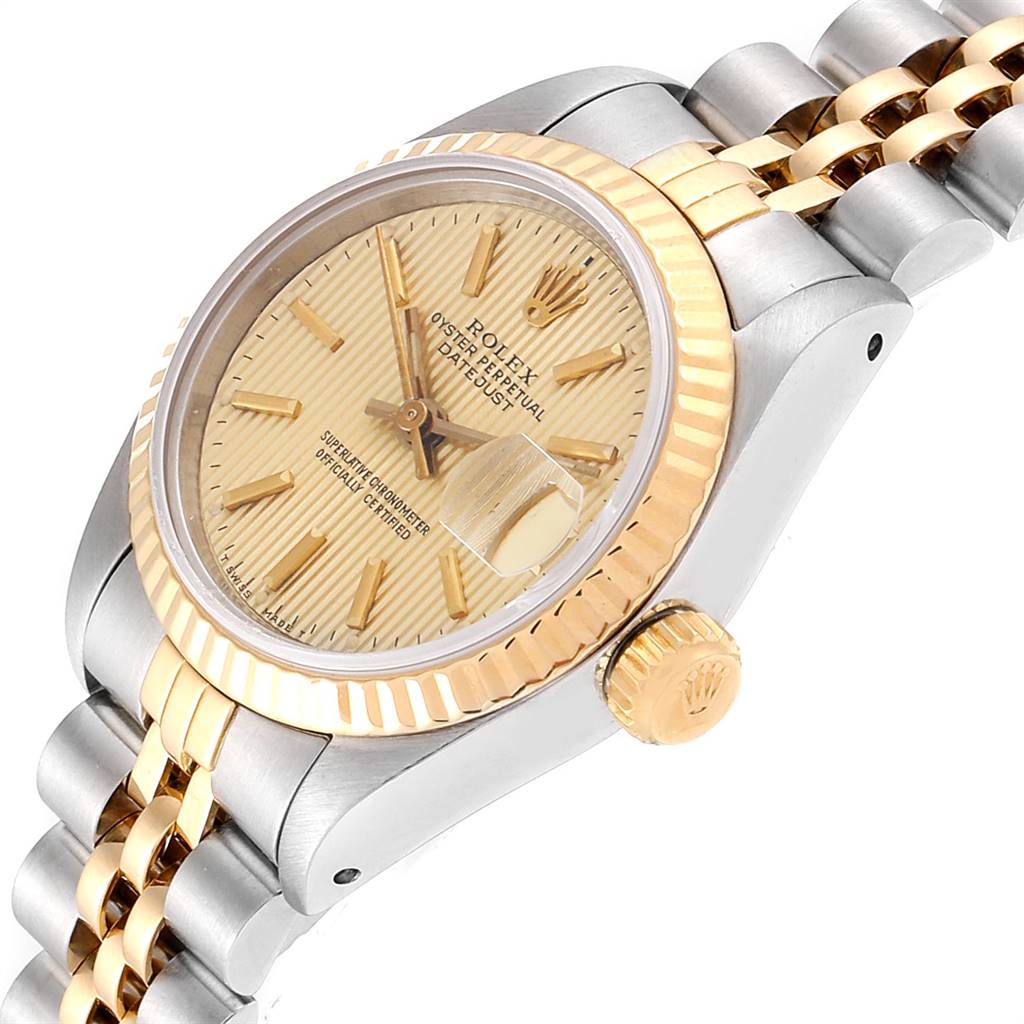 The image shows a Rolex Datejust 69173 Women's Stainless Steel Champagne Dial 69173 Women's Stainless Steel Champagne Dial watch at a three-quarter angle, highlighting the face, bezel, crown, and part of the bracelet.