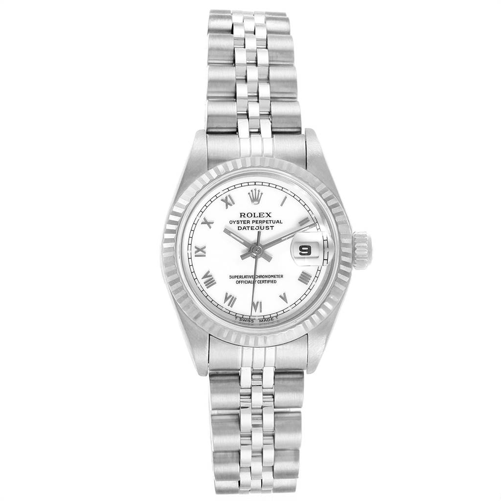 The watch shown is a Rolex Datejust 69174 Women's Stainless Steel White Dial 69174 Women's Stainless Steel White Dial, displaying a front view that includes the dial, bezel, bracelet, and date window.