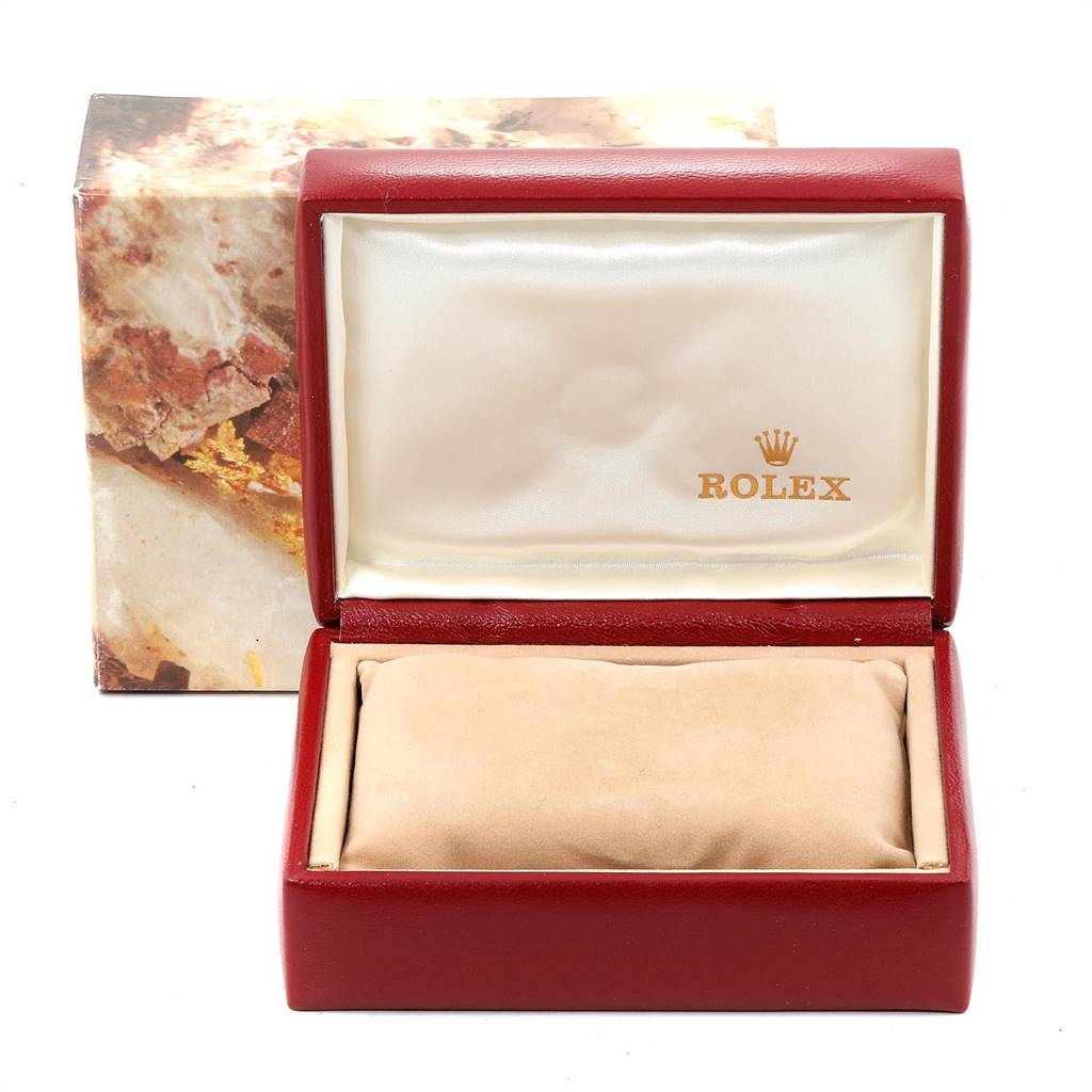 The image shows an empty watch box for a Rolex Datejust 69174 Women's Stainless Steel Blue Dial 69174 Women's Stainless Steel Blue Dial, featuring a red exterior and white satin interior with the Rolex logo.