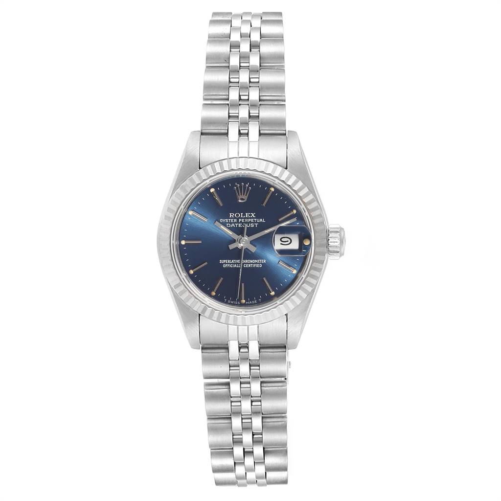 The image shows a front view of the Rolex Datejust 69174 Women's Stainless Steel Blue Dial 69174 Women's Stainless Steel Blue Dial watch with a blue dial and a stainless steel bracelet.