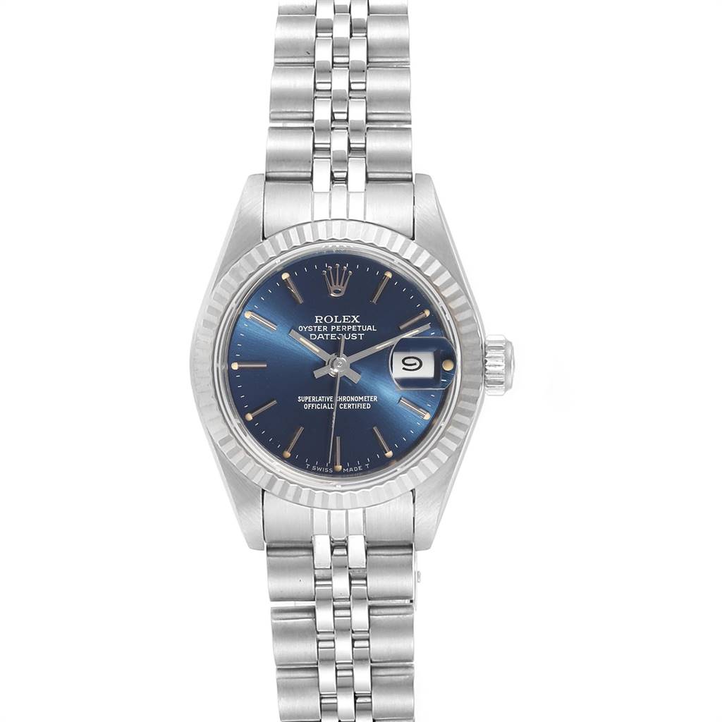 The image shows a front view of a Rolex Datejust 69174 Women's Stainless Steel Blue Dial 69174 Women's Stainless Steel Blue Dial watch, highlighting its face, bezel, crown, and Jubilee bracelet.