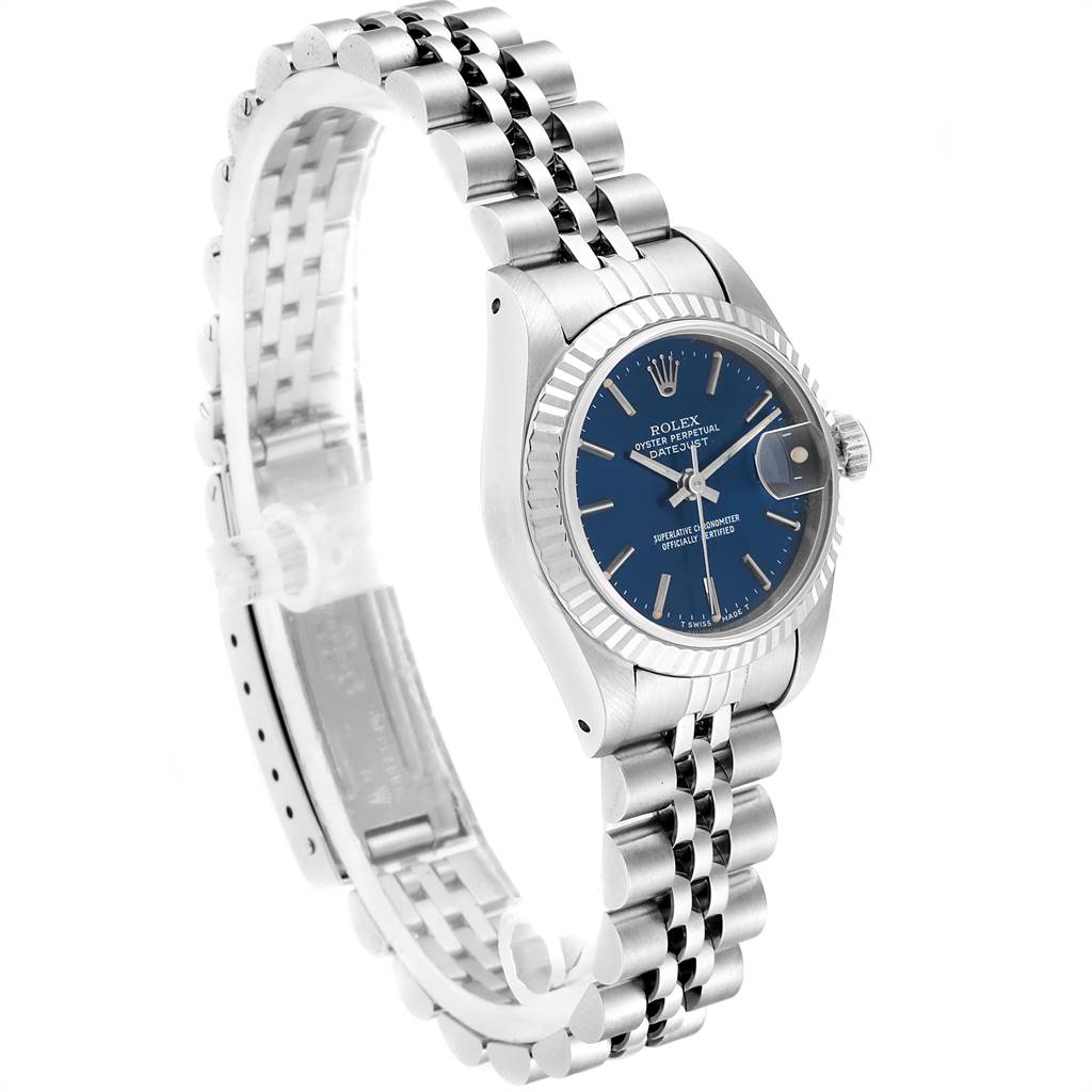This image shows a Rolex Datejust 69174 Women's Stainless Steel Blue Dial 69174 Women's Stainless Steel Blue Dial watch at a 3/4 angle, displaying the blue dial, bezel, crown, and part of the bracelet.
