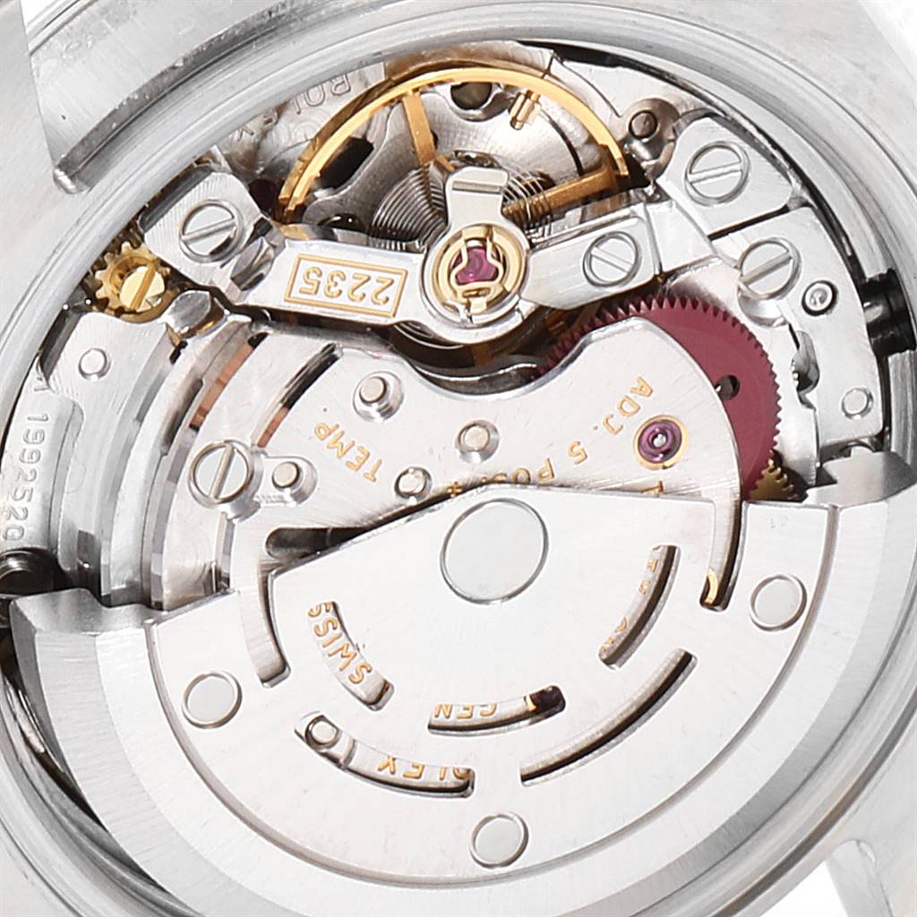 This image shows the intricate internal movement mechanism of a Rolex Datejust 179174 Women's Stainless Steel White Dial 179174 Women's Stainless Steel White Dial watch from a close-up perspective.
