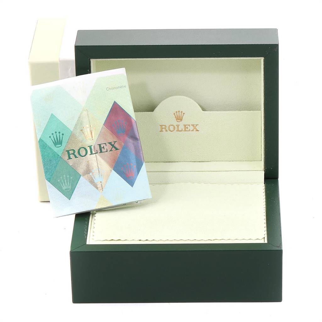 The image shows an open Rolex Datejust 179174 Women's Stainless Steel White Dial 179174 Women's Stainless Steel White Dial watch box and accompanying booklet from a front angle.