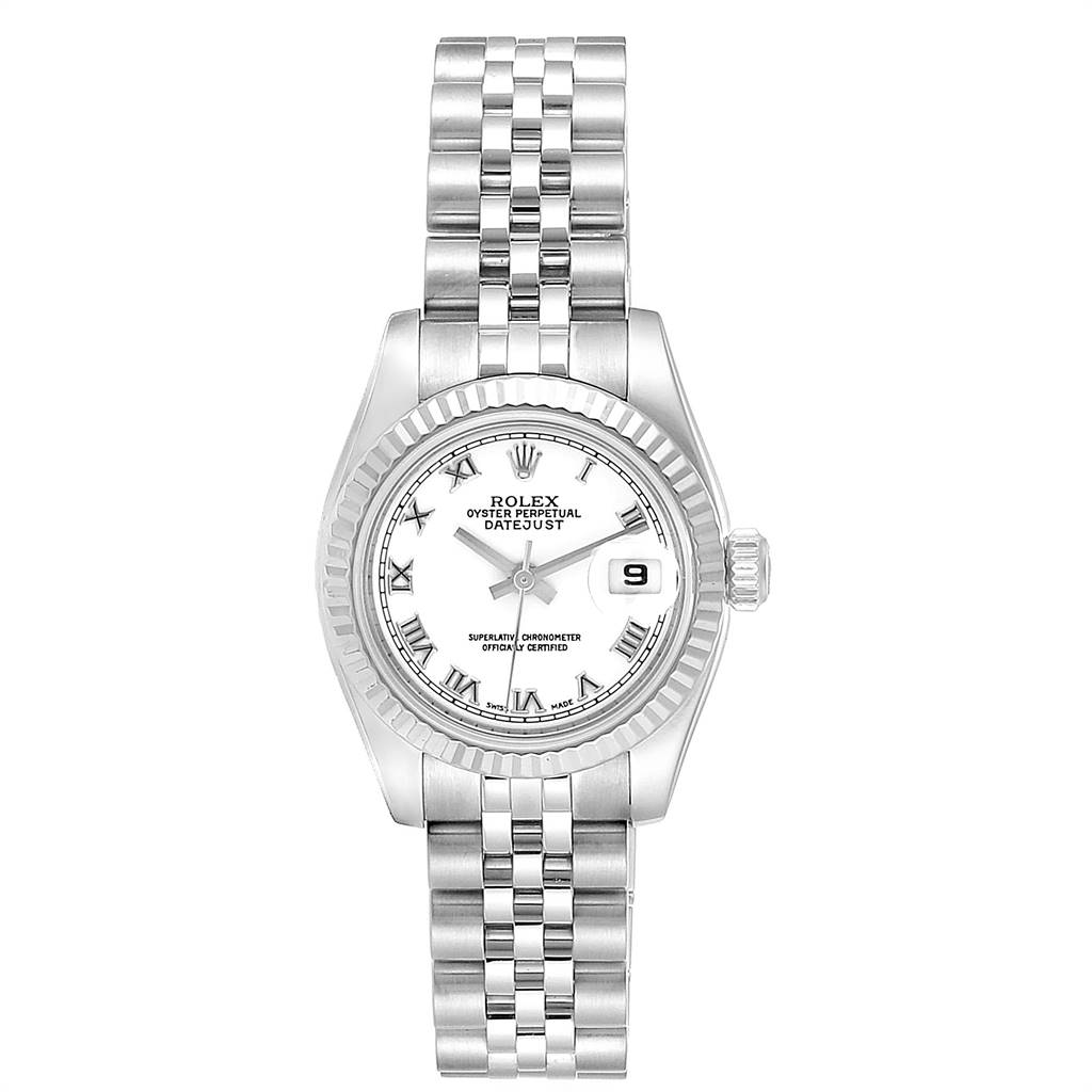 The Rolex Datejust 179174 Women's Stainless Steel White Dial 179174 Women's Stainless Steel White Dial watch is shown from a top-down angle, highlighting its face, bezel, crown, and bracelet.