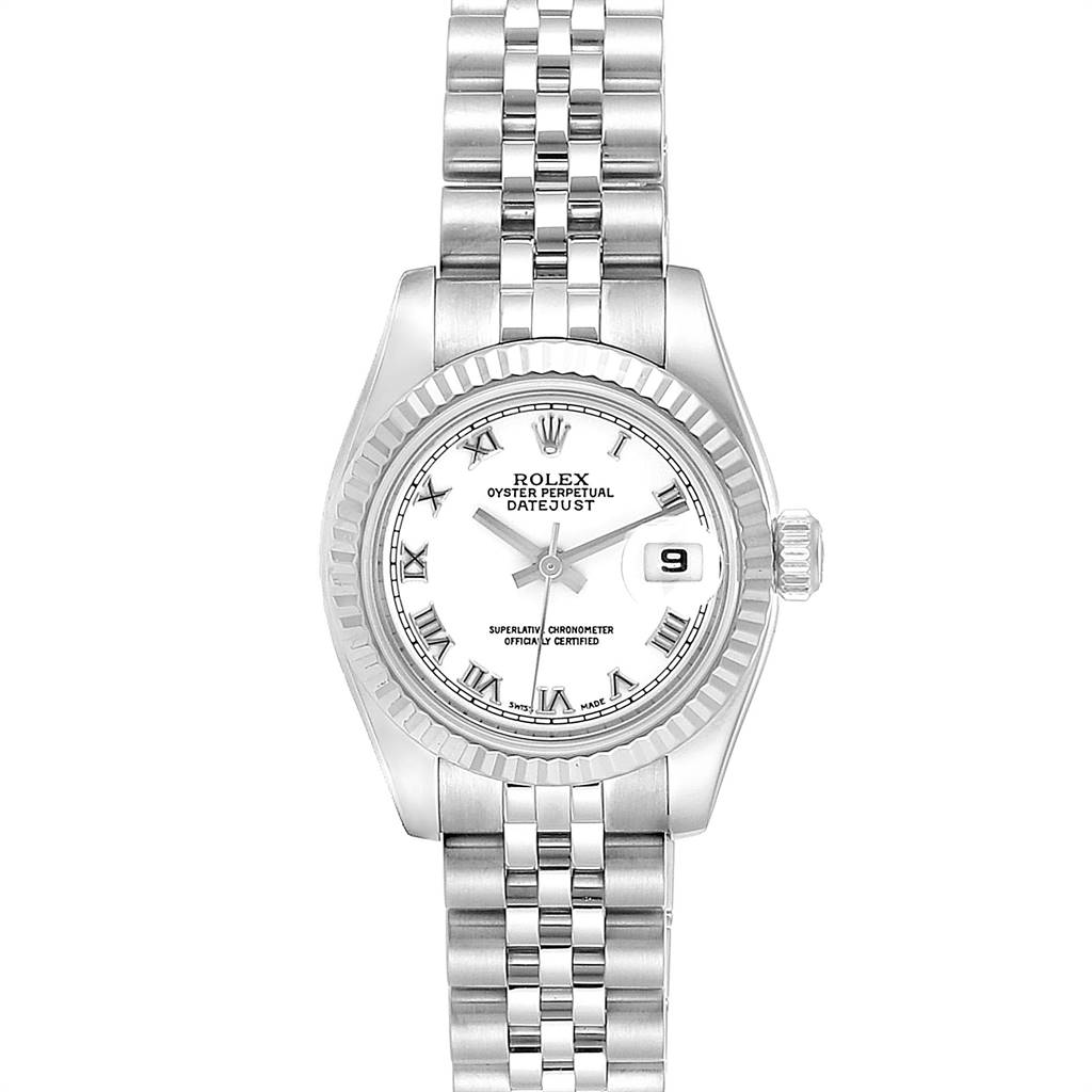 This image shows a front view of a Rolex Datejust 179174 Women's Stainless Steel White Dial 179174 Women's Stainless Steel White Dial watch, displaying the watch face, bezel, and bracelet.
