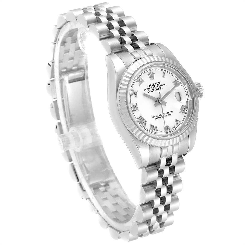 The Rolex Datejust 179174 Women's Stainless Steel White Dial 179174 Women's Stainless Steel White Dial watch is shown at a three-quarter angle, highlighting the face, crown, and Jubilee bracelet.