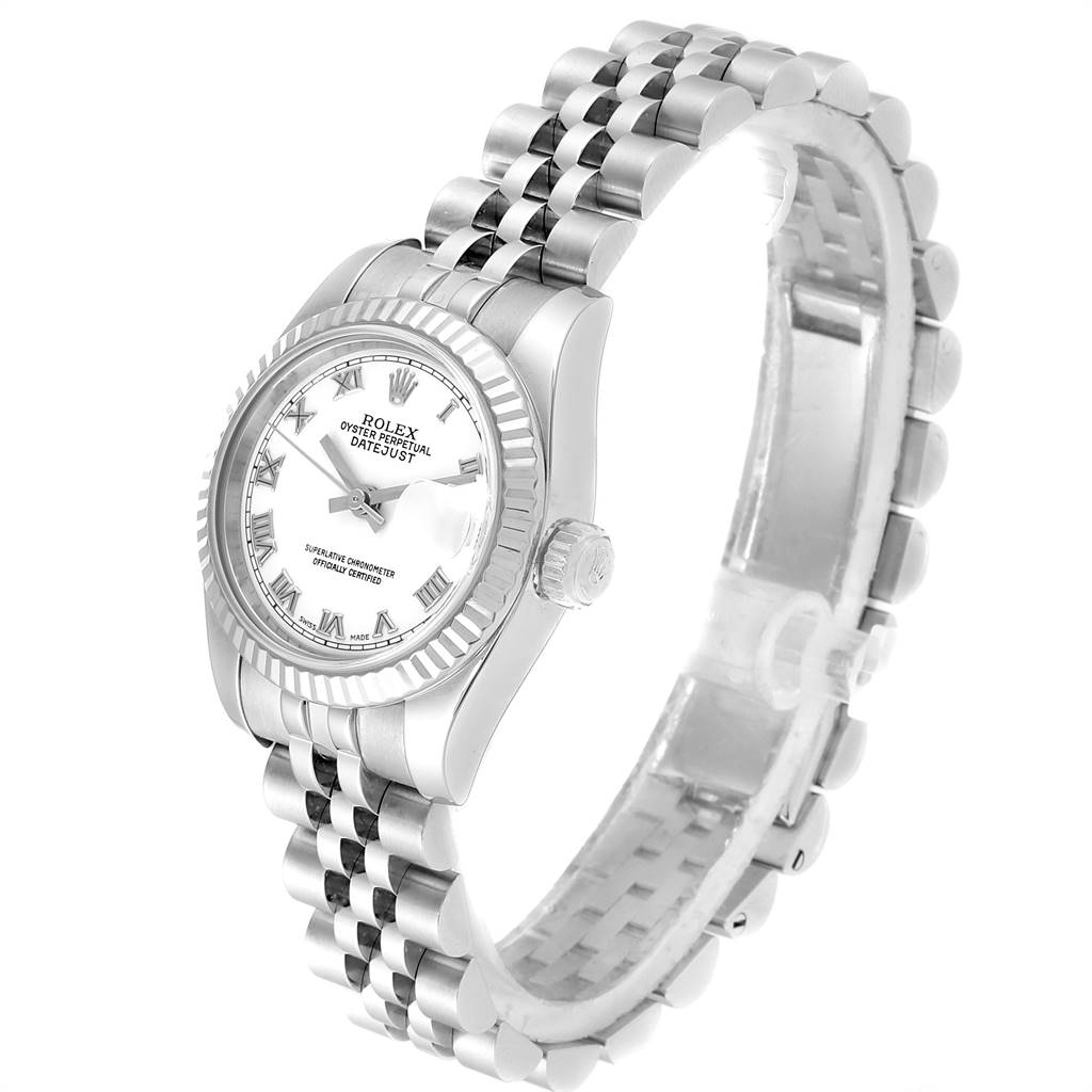 The Rolex Datejust 179174 Women's Stainless Steel White Dial 179174 Women's Stainless Steel White Dial watch is shown at an angled front view displaying the dial, bezel, crown, and bracelet.