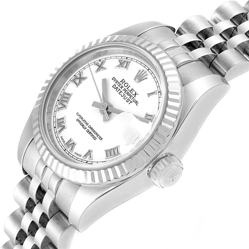 The Rolex Datejust 179174 Women's Stainless Steel White Dial 179174 Women's Stainless Steel White Dial watch is shown at a slight angle, highlighting the face, bezel, crown, and a portion of the bracelet.