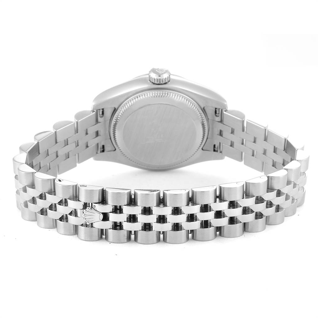 This image shows the back view of a Rolex Datejust 179174 Women's Stainless Steel White Dial 179174 Women's Stainless Steel White Dial model, focusing on the caseback and metal bracelet.