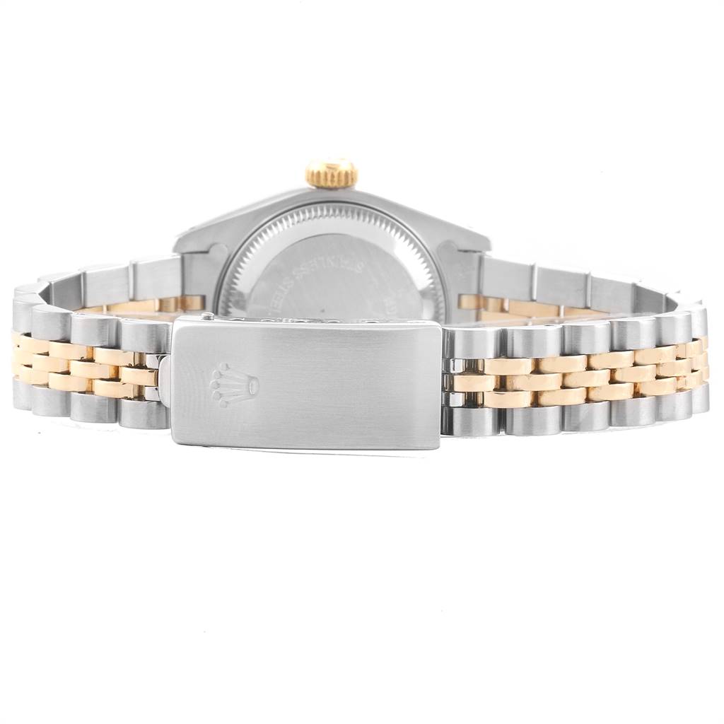 This image shows the back view of a Rolex Datejust 69173 Women's Stainless Steel Beige Dial 69173 Women's Stainless Steel Beige Dial watch with a two-tone bracelet and clasp.
