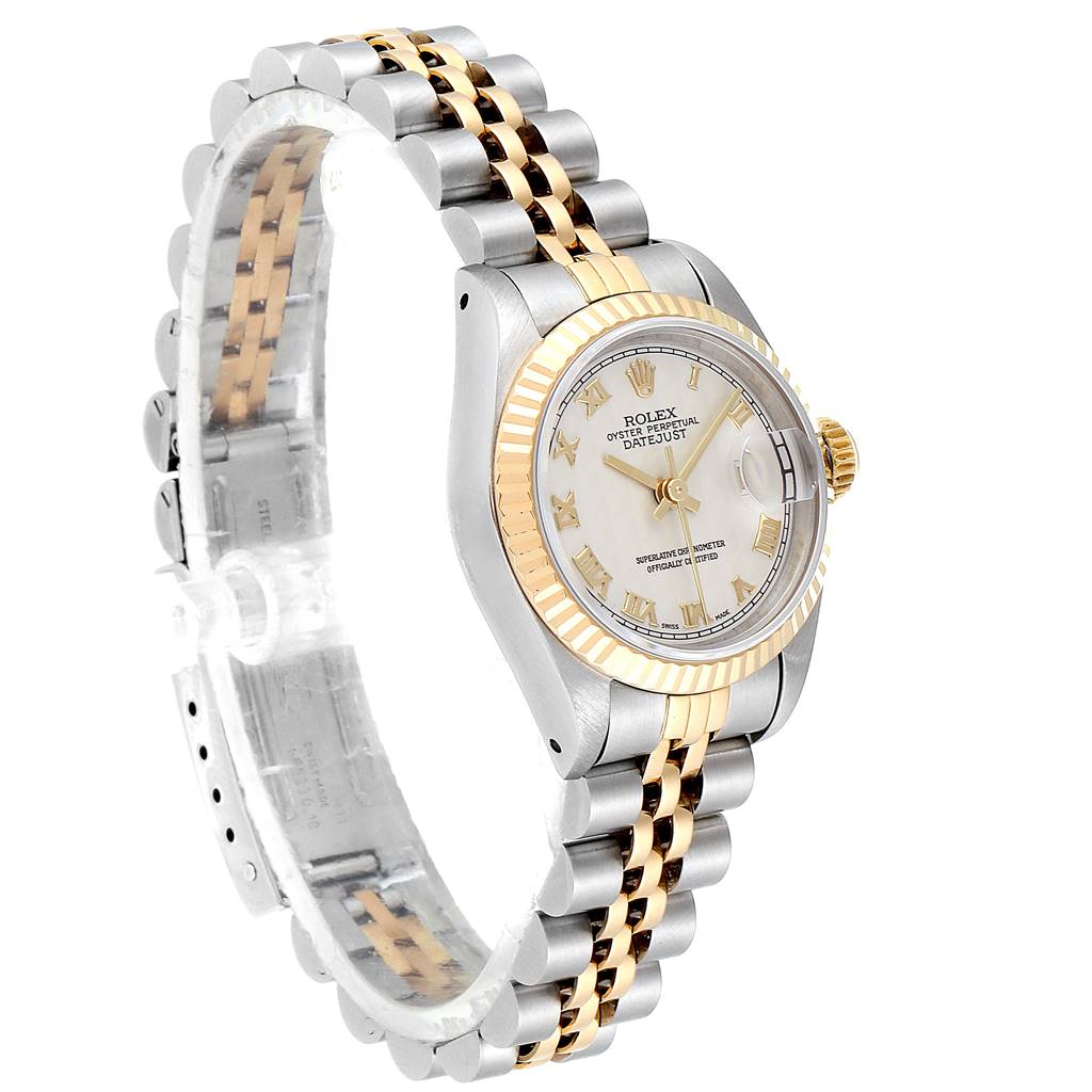 The Rolex Datejust 69173 Women's Stainless Steel Beige Dial 69173 Women's Stainless Steel Beige Dial watch is featured at a three-quarter angle, showing its face, bezel, crown, and bracelet.