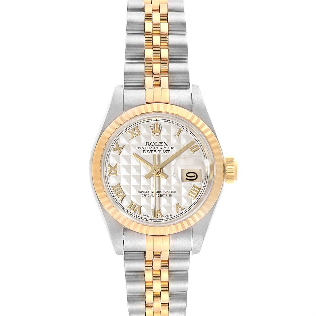 The image shows a frontal view of the Rolex Datejust 69173 Women's Stainless Steel Beige Dial 69173 Women's Stainless Steel Beige Dial watch featuring a two-tone metal bracelet, golden bezel, and silver dial with roman numerals.