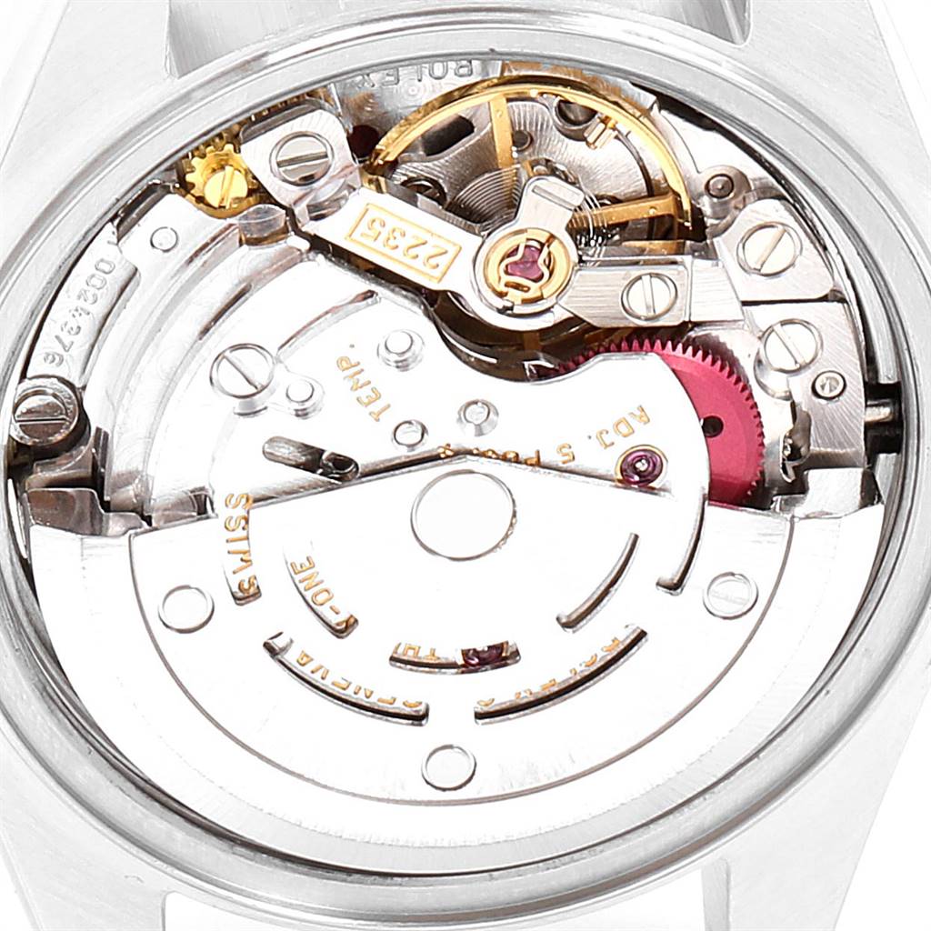 This image shows the internal mechanical movements of a Rolex Datejust 79174 Women's Stainless Steel Silver Dial 79174 Women's Stainless Steel Silver Dial watch from a top-down angle.