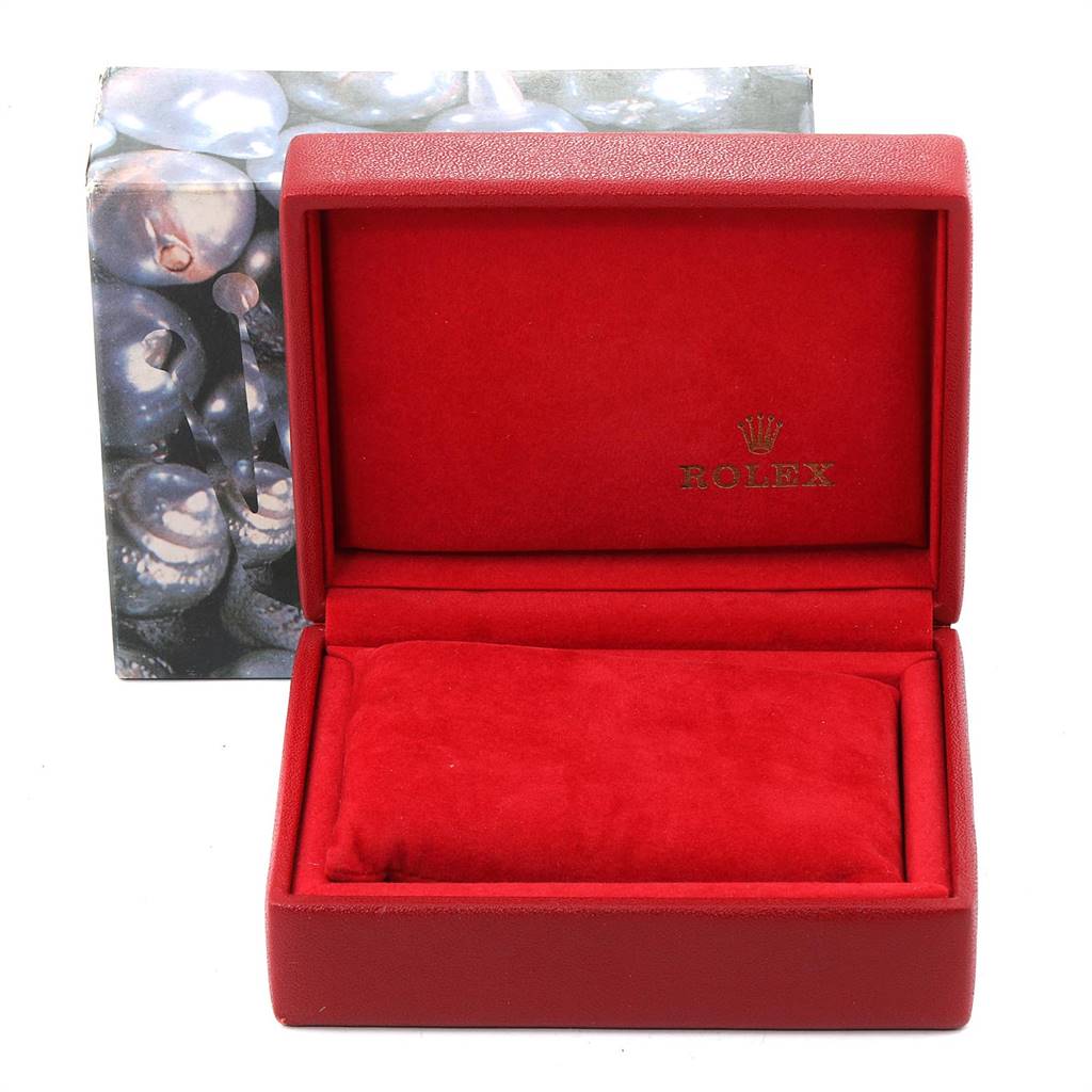 The image shows an open red Rolex watch box with a cushion inside, intended for a Datejust model by Rolex.