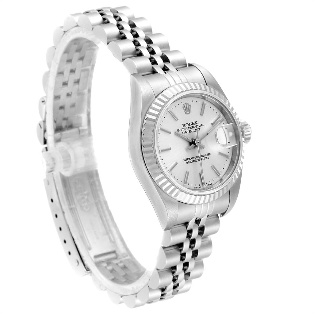 The image shows a Rolex Datejust 79174 Women's Stainless Steel Silver Dial 79174 Women's Stainless Steel Silver Dial watch at a side angle, highlighting the face, bezel, and bracelet.
