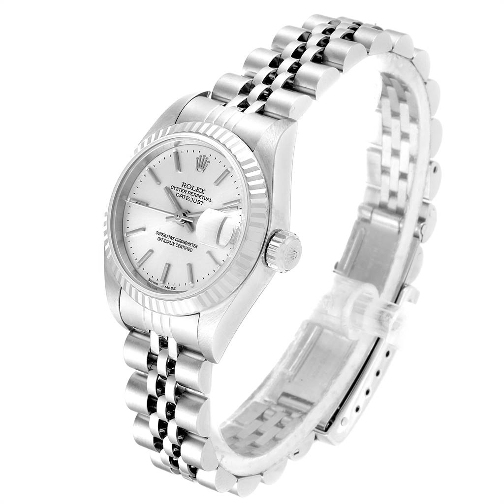 This image shows a Rolex Datejust 79174 Women's Stainless Steel Silver Dial 79174 Women's Stainless Steel Silver Dial watch at a three-quarter angle, highlighting the face, bezel, bracelet, and crown.
