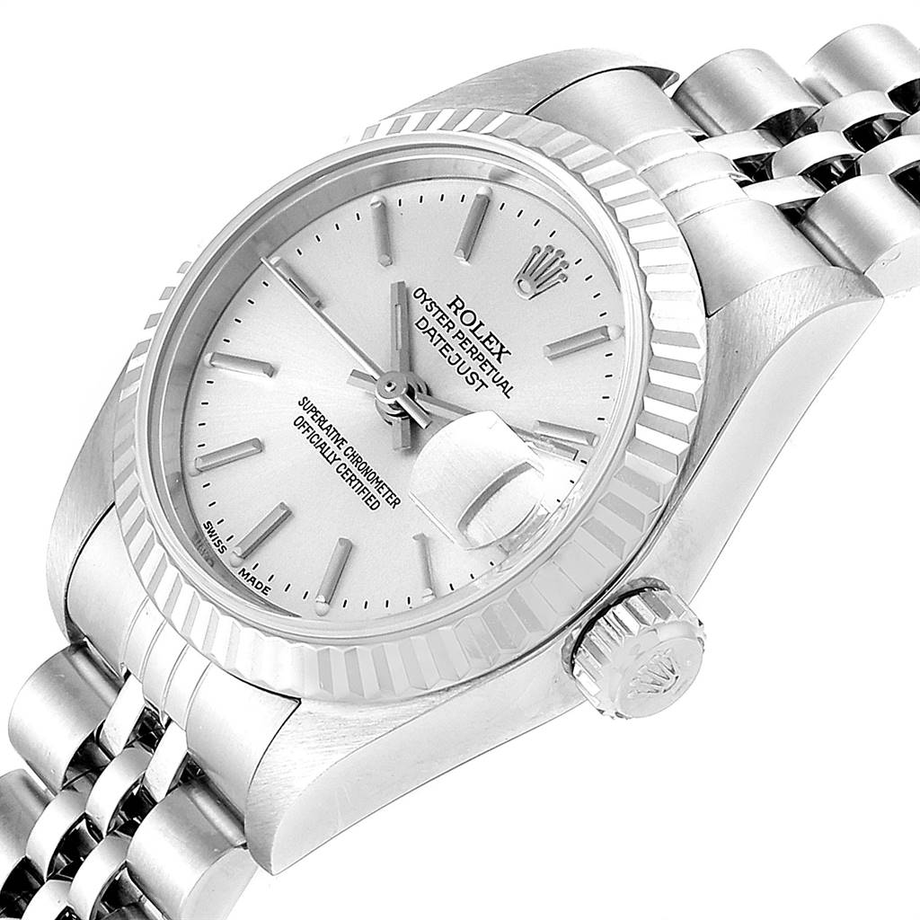 The image shows a Rolex Datejust 79174 Women's Stainless Steel Silver Dial 79174 Women's Stainless Steel Silver Dial watch from a slightly angled top view, highlighting the dial, fluted bezel, and bracelet.