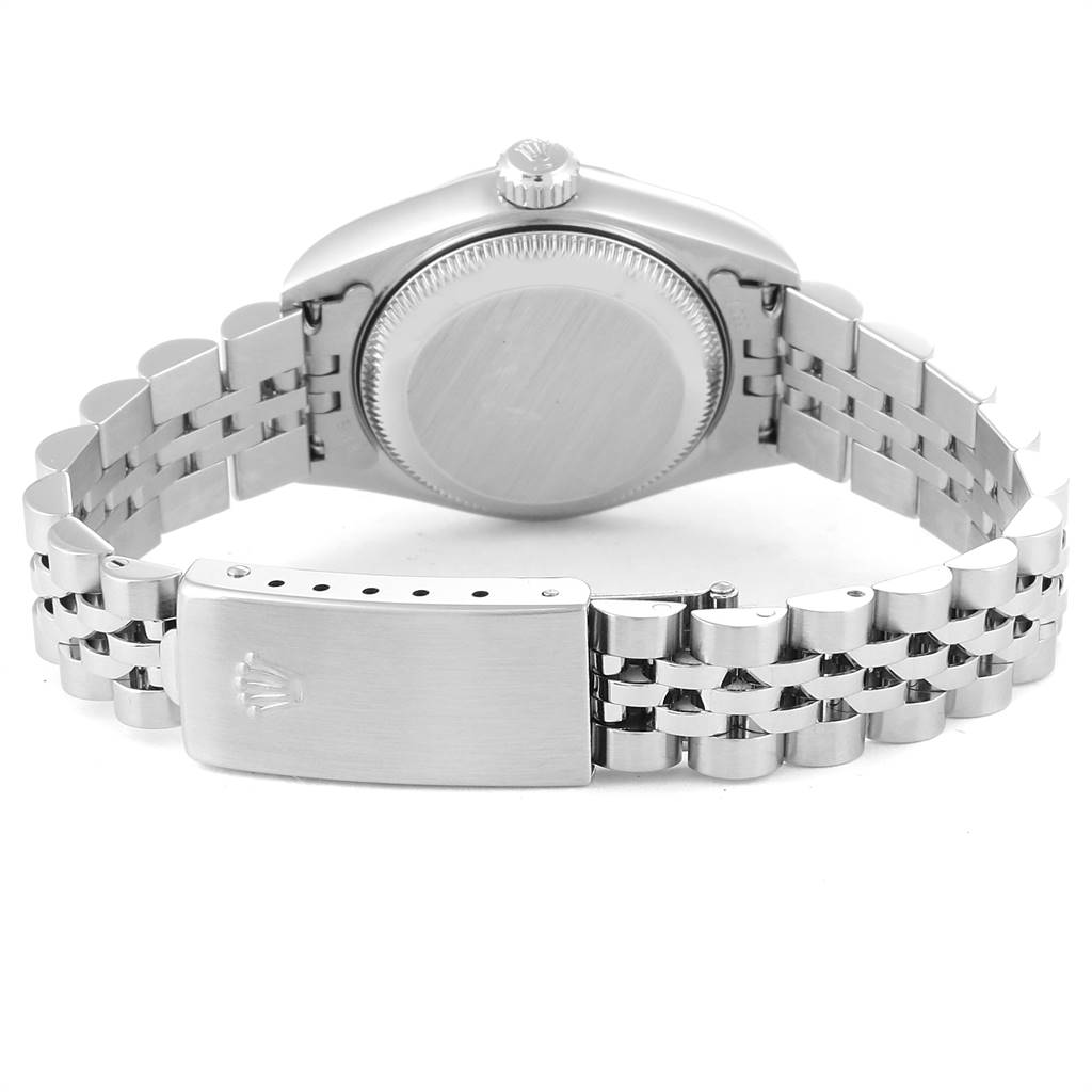 The image shows the back view of a Rolex Datejust 79174 Women's Stainless Steel Silver Dial 79174 Women's Stainless Steel Silver Dial watch, featuring the case back and a Jubilee bracelet with a clasp.
