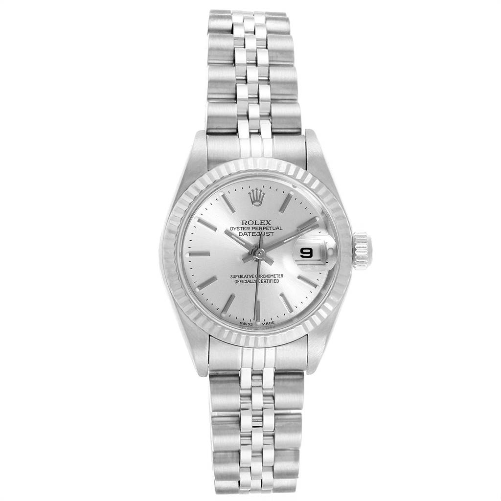 The image shows a Rolex Datejust 79174 Women's Stainless Steel Silver Dial 79174 Women's Stainless Steel Silver Dial watch from a front angle, highlighting its dial, bezel, and bracelet.
