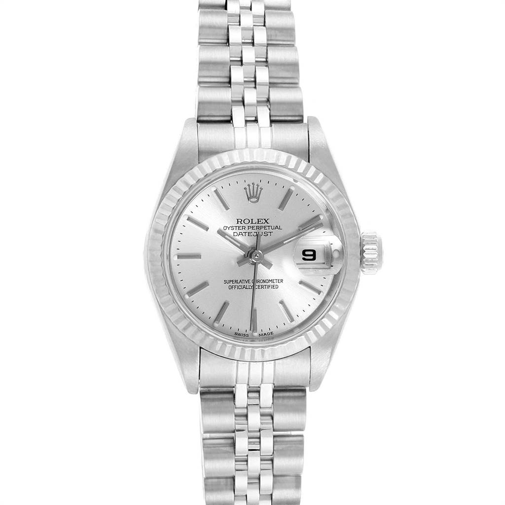 The image shows a Rolex Datejust 79174 Women's Stainless Steel Silver Dial 79174 Women's Stainless Steel Silver Dial watch in a straight-on view, highlighting its silver dial, jubilee bracelet, fluted bezel, and date window.
