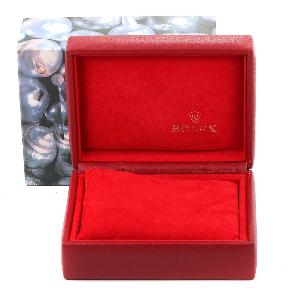 The image shows an open red watch box with a padded interior and the Rolex logo, designed to hold the Datejust model.