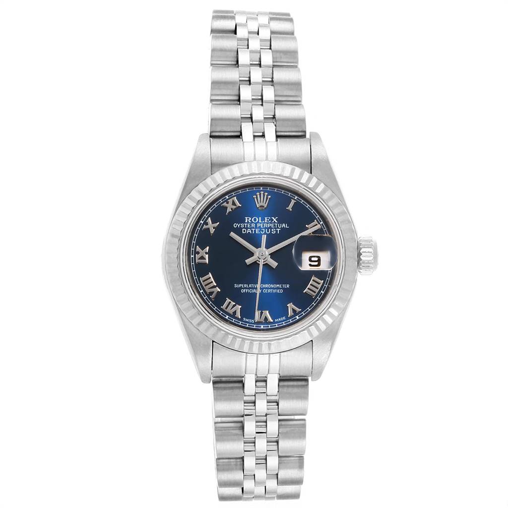 This Rolex Datejust 79174 Women's Stainless Steel Blue Dial 79174 Women's Stainless Steel Blue Dial watch is shown from a top view, displaying the face, bezel, and full metal bracelet.