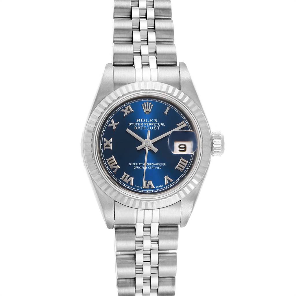 This image shows a frontal view of the Rolex Datejust 79174 Women's Stainless Steel Blue Dial 79174 Women's Stainless Steel Blue Dial watch, displaying its blue dial, Roman numerals, date window, and bracelet.