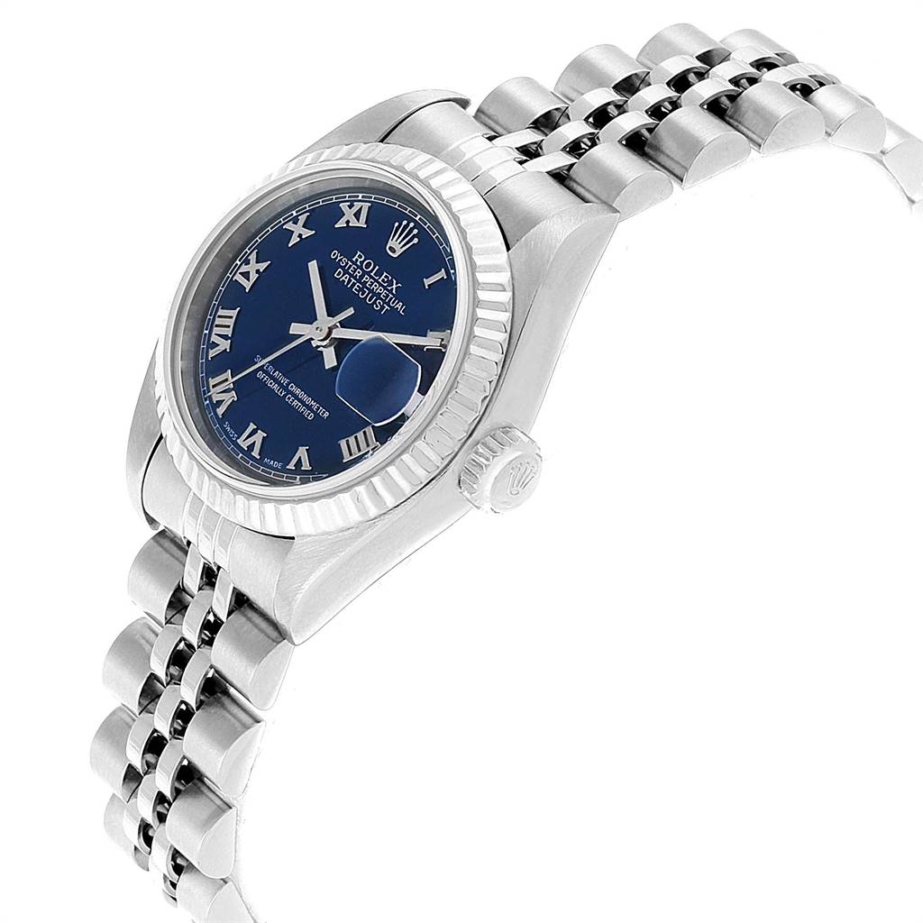 The image shows a Rolex Datejust 79174 Women's Stainless Steel Blue Dial 79174 Women's Stainless Steel Blue Dial watch at a three-quarter angle, displaying the face, bezel, and part of the bracelet.