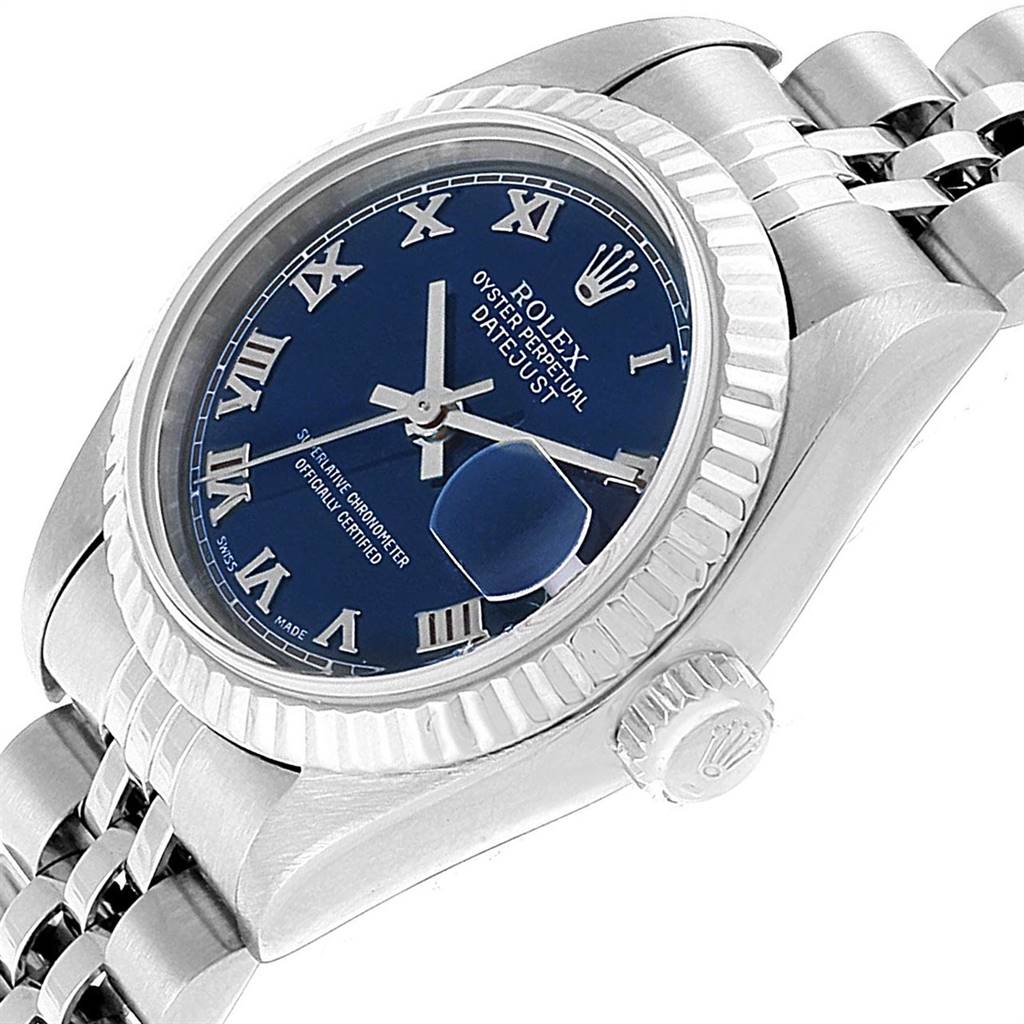 The Rolex Datejust 79174 Women's Stainless Steel Blue Dial 79174 Women's Stainless Steel Blue Dial watch is shown at an angle highlighting the dial, bezel, crown, and part of its bracelet.