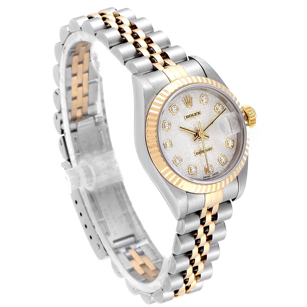 This image shows a Rolex Datejust 69173 Women's Stainless Steel Silver Dial 69173 Women's Stainless Steel Silver Dial watch at a three-quarter angle displaying the face, bezel, and bracelet.