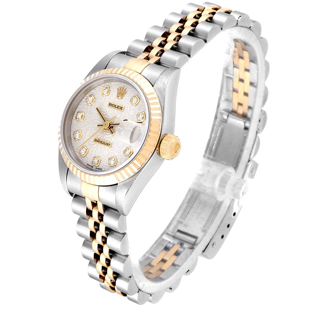 The image shows a Rolex Datejust 69173 Women's Stainless Steel Silver Dial 69173 Women's Stainless Steel Silver Dial watch at an angle focusing on its face, bezel, crown, and two-tone bracelet.