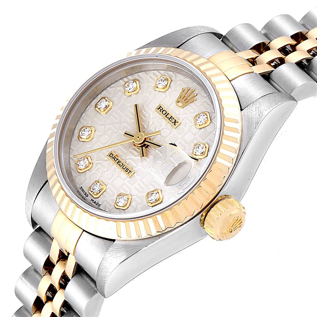 The image shows a close-up angle of a Rolex Datejust 69173 Women's Stainless Steel Silver Dial 69173 Women's Stainless Steel Silver Dial watch, displaying the dial, bezel, crown, and part of the bracelet.