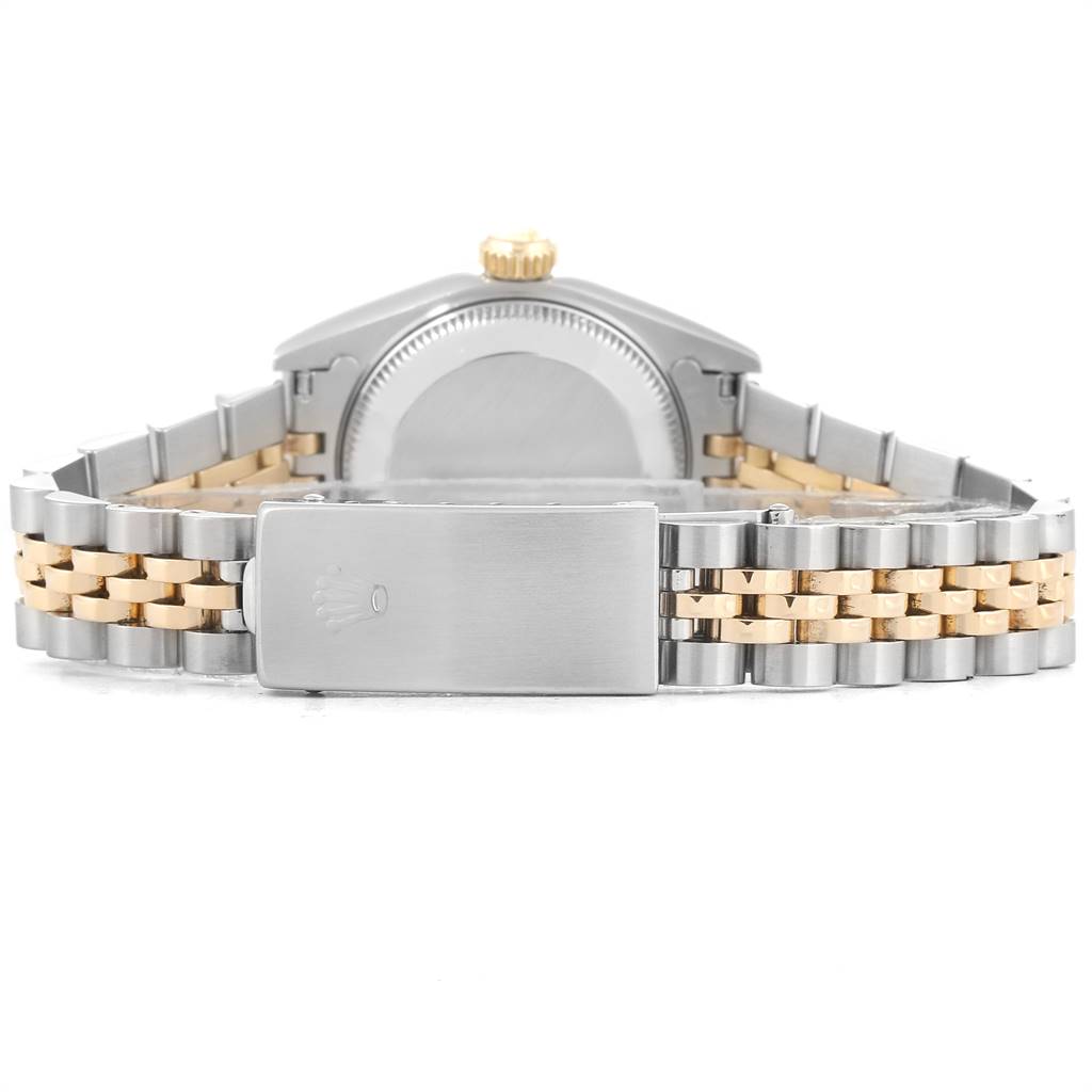 This image shows the rear view of a Rolex Datejust 69173 Women's Stainless Steel Silver Dial 69173 Women's Stainless Steel Silver Dial watch, highlighting its two-tone bracelet and clasp.