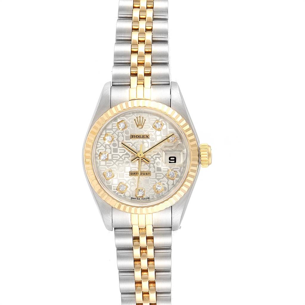 This Rolex Datejust 69173 Women's Stainless Steel Silver Dial 69173 Women's Stainless Steel Silver Dial model is shown from a top-down angle, featuring the face, bezel, crown, and bracelet.